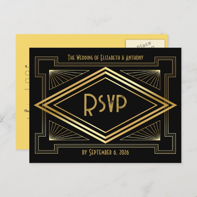 Carte Postale Black and Gold Art Deco Wedding RSVP QR Code (Devant / Derrière)