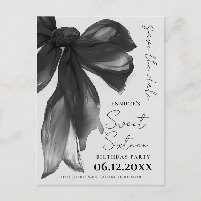 Carte Postale Black Bow Coquette Sweet 16 Save the Date Grey (Devant)