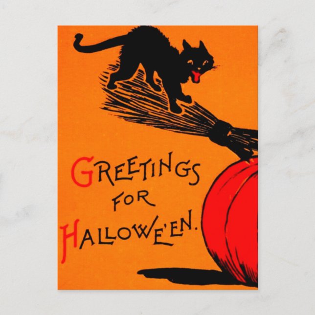 Carte Postale Black Cat Pumkin & Broomstick Vintage Halloween (Devant)