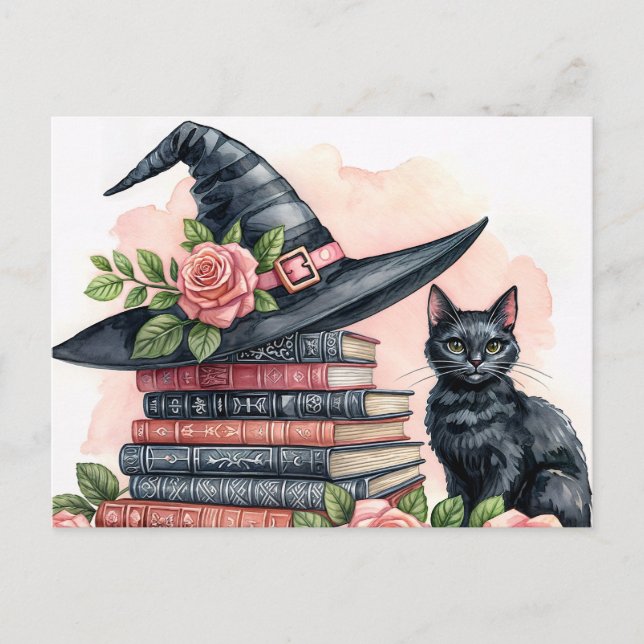 Carte Postale Black Cat With Witch Hat and Books (Devant)