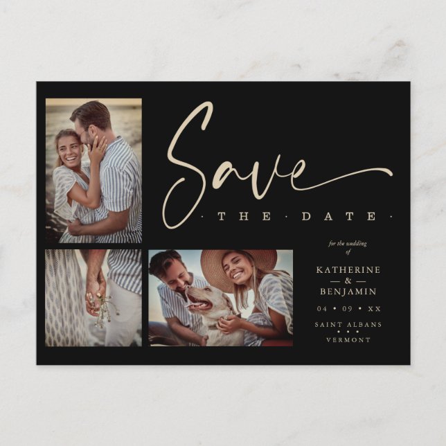 Carte Postale Black Chic tendance Collage Mariage 3 Photos (Devant)