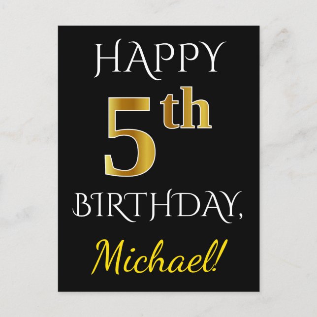 Carte Postale Black, Faux Gold 5e anniversaire + Nom personnalis (Devant)