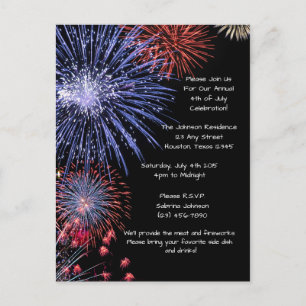 Carte Postale Black Fireworks 4 juillet Invitation de la fête