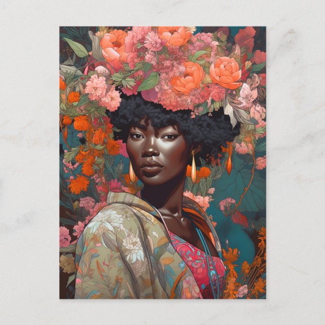 Carte Postale Black Goddess Queen Flowers Imaginaire Art (Devant)