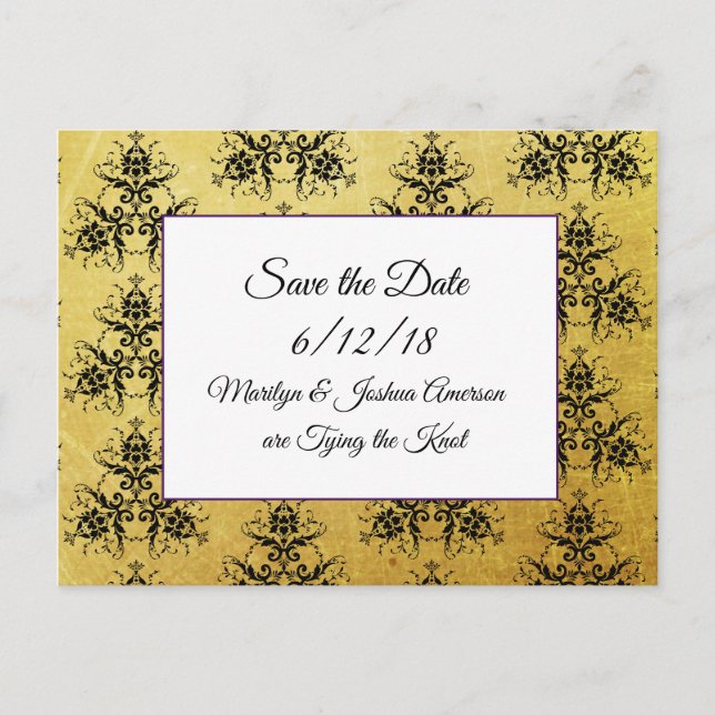 Carte Postale Black Gold Mariage damassé Enregistrer la date Car (Devant)