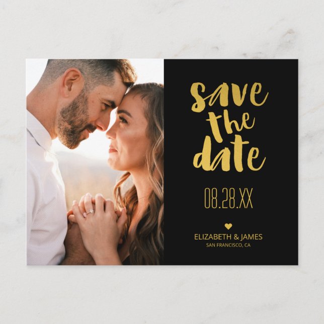 Carte Postale Black Gold Rustic Moderne Enregistrer la date Phot (Devant)