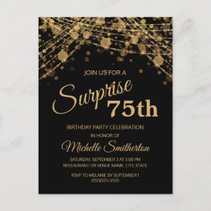 Carte Postale Black Gold String Lights Surprise 75e anniversaire