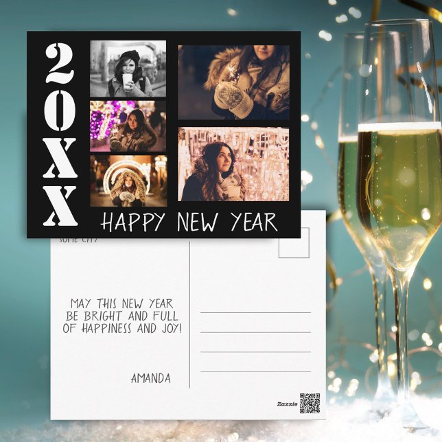 Carte Postale Black Happy New Year 2023 5 Photo Collage (Créateur téléchargé)