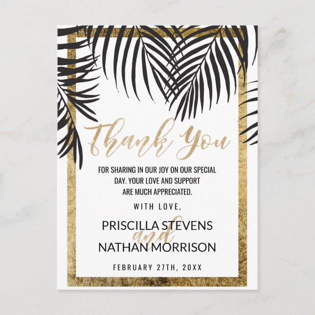 Carte Postale Black Palm Tree Frond Gold Bordure Merci moderne (Devant)