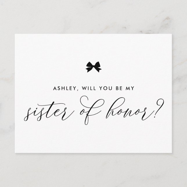 Carte Postale Black Ribbon Bow Vous serez Ma Soeur d'Honneur (Devant)