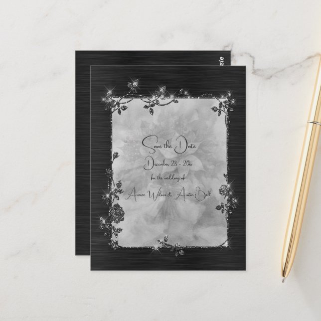 Carte Postale Black Shiny Elegant Sparkly Frame Save the Date (Devant/Arrière en situation)