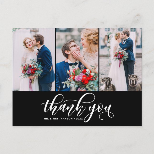 Carte Postale Black Trois Photo Collage Merci Mariage de script (Devant)