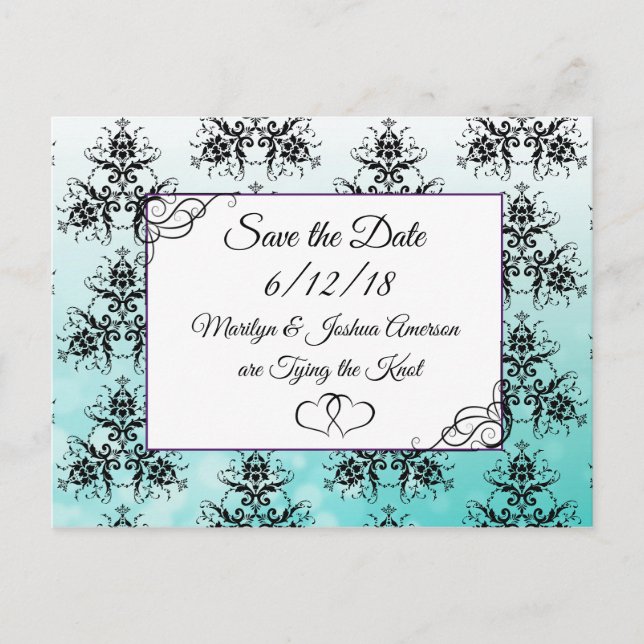 Carte Postale Black Turquoise Mariage damassé Enregistrer la car (Devant)