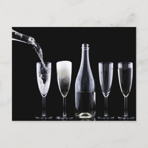 Carte Postale Black White Champagne Bouteille Festive Lunettes d