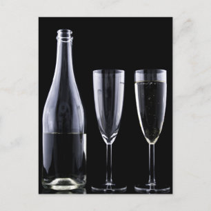 Carte Postale Black White Champagne Bouteille Festive Lunettes d