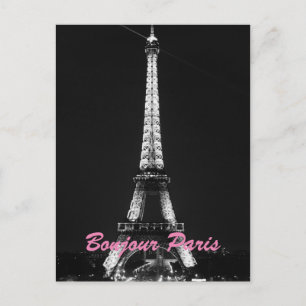Carte Postale Black White Eiffel Tower Bonjour Paris Nuit