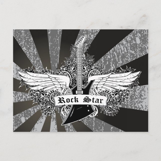 Carte Postale Black white Rock étoiles ailes de guitare électriq (Devant)