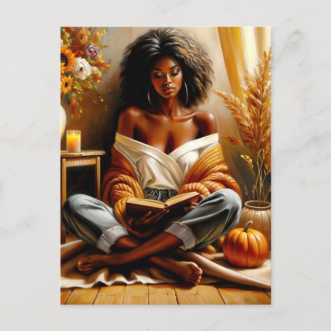 Carte Postale Black Woman Livre d'automne Art (Devant)