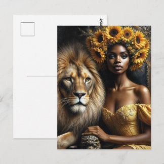 Carte Postale Black Woman With Lion Sunflower Leo