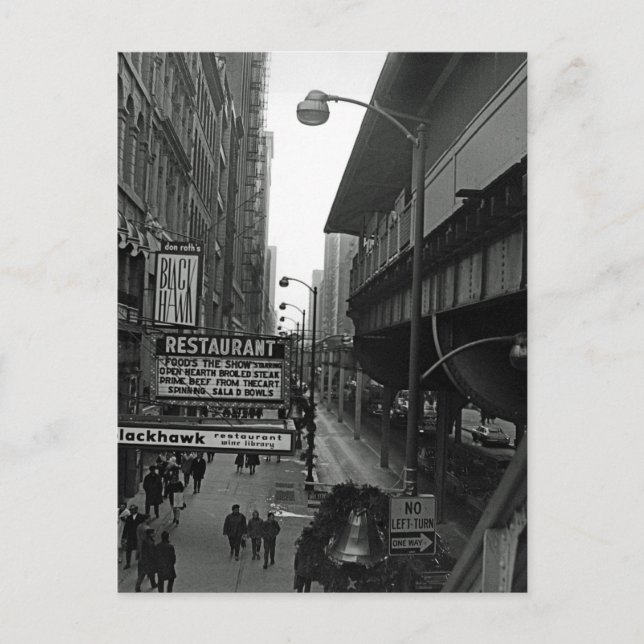 Carte Postale Blackhawk, rue des signes du restaurant de Chicago (Devant)