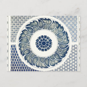 Carte Postale Blanc bleu Floral chinois rond
