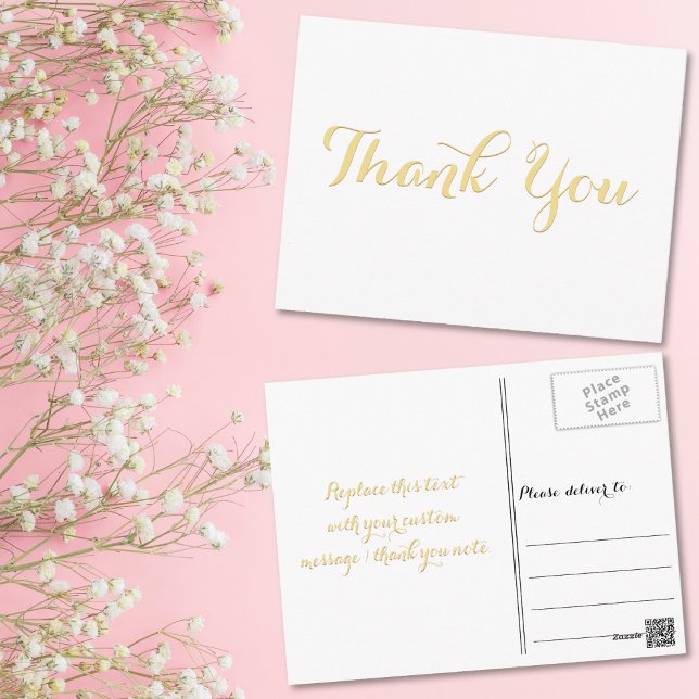 Carte Postale Blanc Élégant Stylé Faux Or Écriture Merci (Elegant White Stylish Faux Gold Script Thank You Postcard)