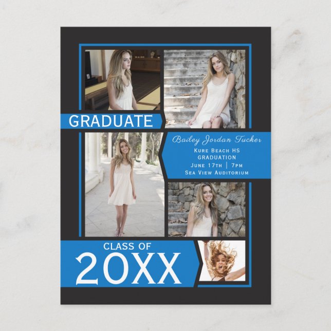 Carte Postale Bleu 5-Photo Collage Faire-part de graduation (Devant)