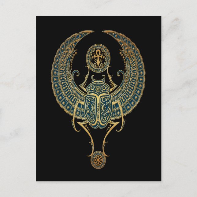 Carte Postale Bleu aile Écarab Égyptien avec Ankh noir (Devant)