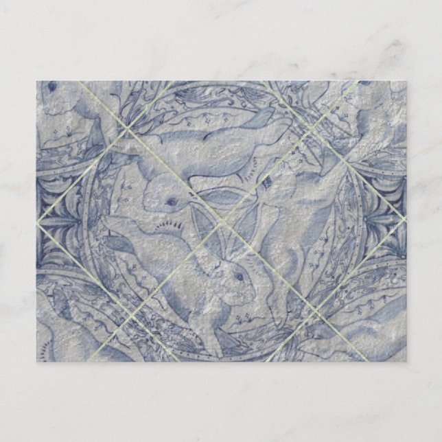 Carte Postale Bleu antique Trois Harbes Rabbit Carreaux murale (Devant)