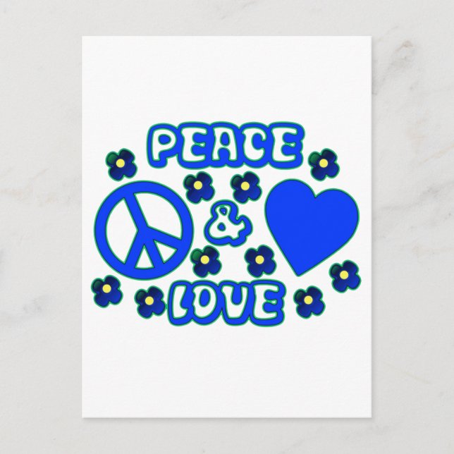 Carte Postale Bleu avec Fleurs Paix et Amour Design (Devant)