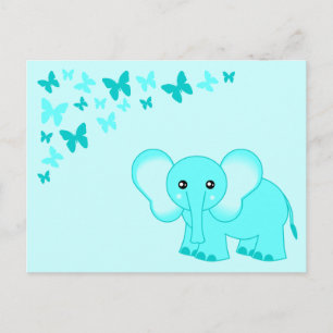 Carte postale Bleu Bébé Eléphant Et Papillons