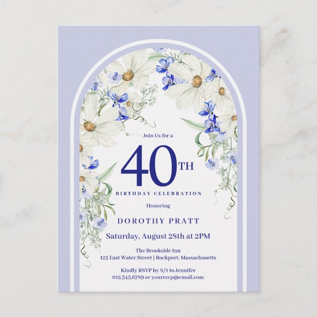 Carte Postale Bleu Blanc Floral Boho Arch 40e fête d'anniversair (Devant)