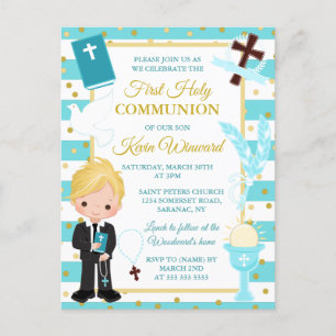 Carte Postale Bleu Blonde Boy Première Sainte Communion Postca