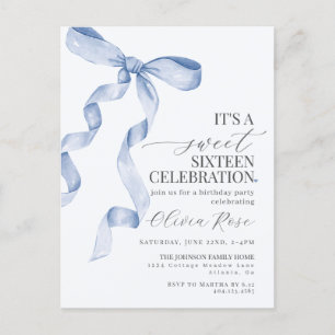 Carte Postale Bleu Bow Sweet sixteen Anniversaire Fête Invitatio