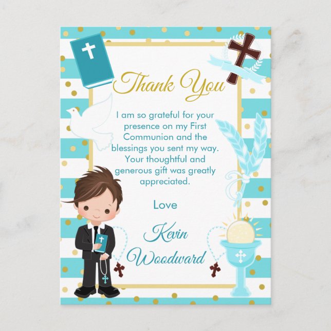 Carte Postale Bleu Brunette Boy Premier Merci Communion (Devant)