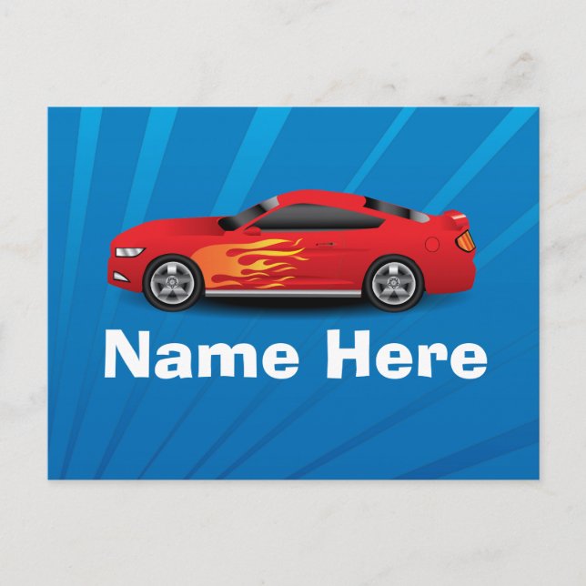 Carte Postale Bleu clair avec Red Sports Voitures Flames Enfants (Devant)