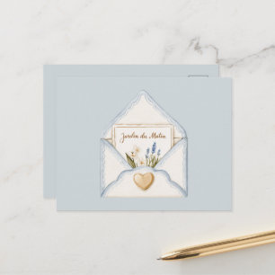 Carte Postale Bleu Clair Crème Enveloppe Cœur Floral Français