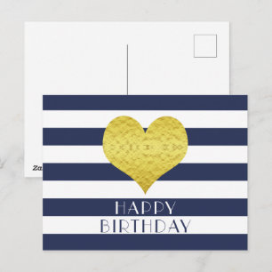 Carte Postale Bleu Coeur Or Et Blanc Joyeux Anniversaire