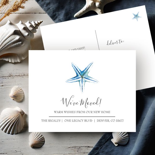 Carte Postale Bleu côtier Poisson étoilé Nouvelle maison Faire-p (New address moving announcement postcards watercolor starfish art by Victoria Grigaliunas )