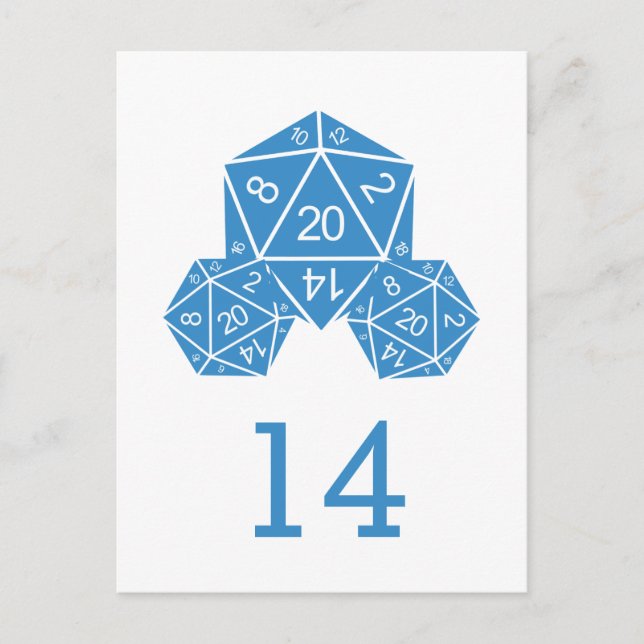 Carte postale bleu D20 Numéro de table de dés (Devant)