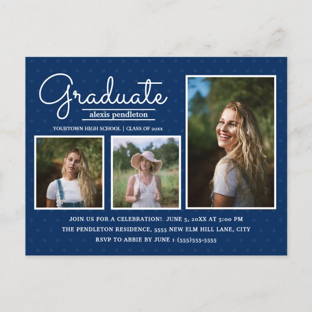 Carte Postale Bleu de la Marine 3-Photo Graduation Party (Devant)