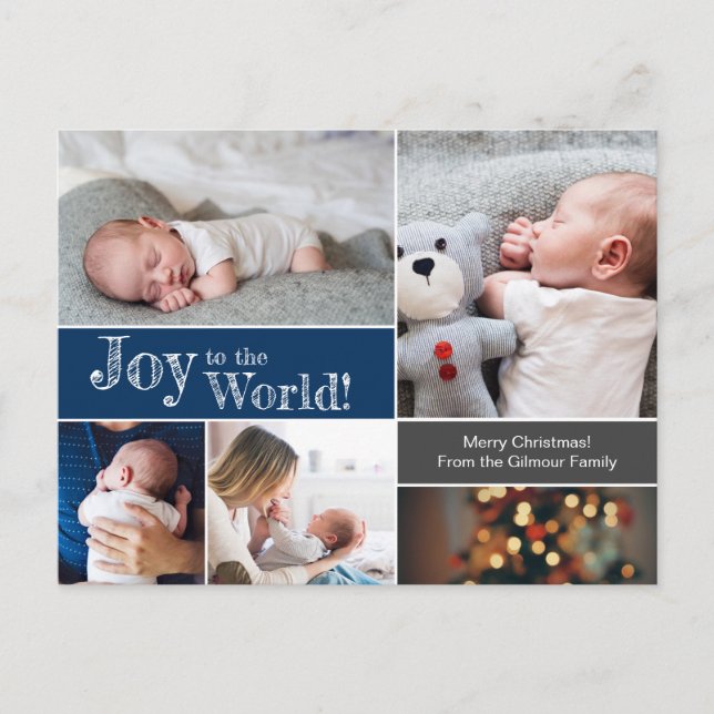 Carte Postale Bleu de Noël Bébé Joie au monde Collage de photos (Devant)