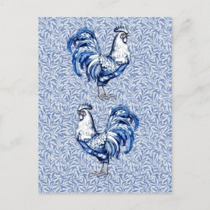 Carte Postale Bleu Delft Et Poulet Blanc Rooster