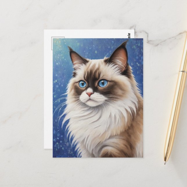 Carte Postale Bleu Eyed Ragdoll Peinture de chat élégant (Devant/Arrière en situation)
