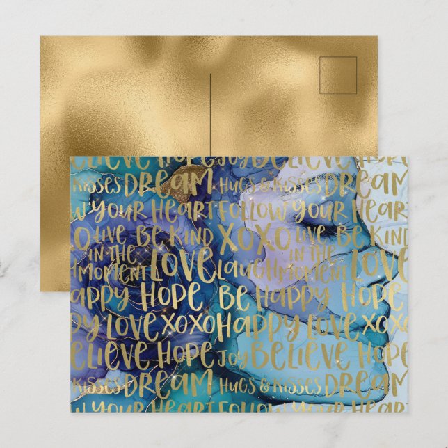 Carte Postale Bleu Femme Face Or Citations Inspirationnelles (Devant / Derrière)