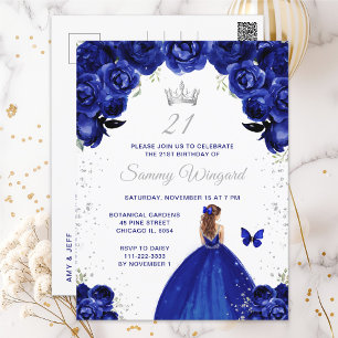 Carte Postale Bleu foncé Brown cheveux princesse fête d'annivers