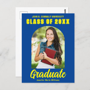Carte Postale Bleu Jaune Diplômé Photo Moderne Gras Graduation