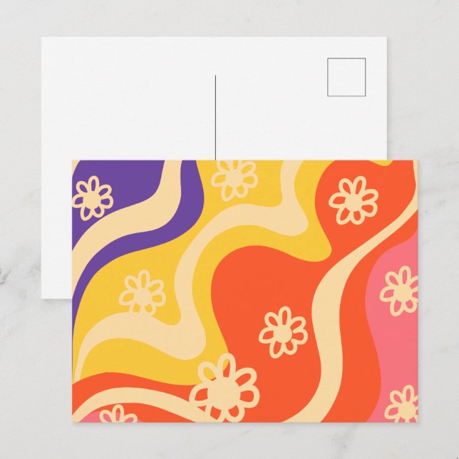 Carte Postale Bleu, Jaune, Orange, Rose Floral Abstrait (Devant / Derrière)
