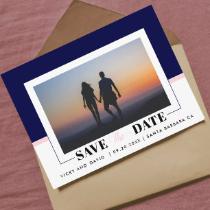 Carte Postale Bleu marine, faire-part de mariage rose tendre ave