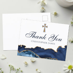 Carte Postale Bleu marine or personnalisé Croix chrétienne Merci